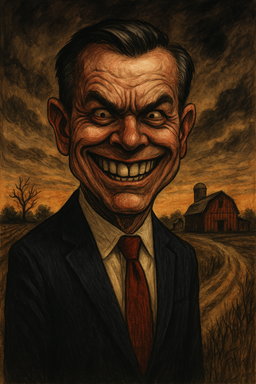 A dark, exaggerated caricature of a grinning politician with wide, menacing eyes and an oversized smile, standing in front of a rural barn at sunset. The eerie atmosphere and twisted features suggest satire and critique, using moody tones and dramatic shadows.